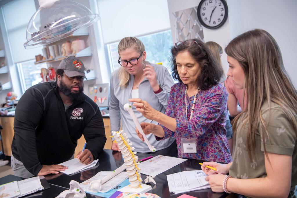 Professor describes a bone to three students during lab exercise