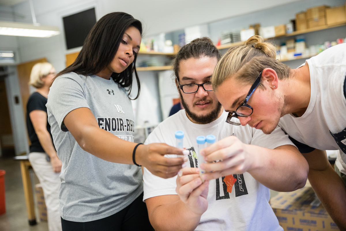 Three students in chemistry lab examine test tube during lab assignment